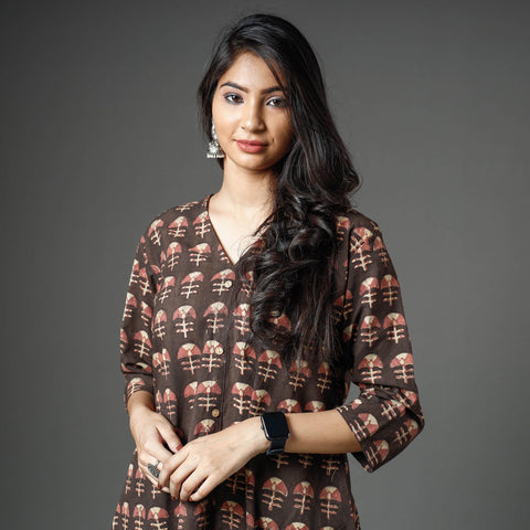  Akola Block Printed Cotton A-Line Long Kurta for Women