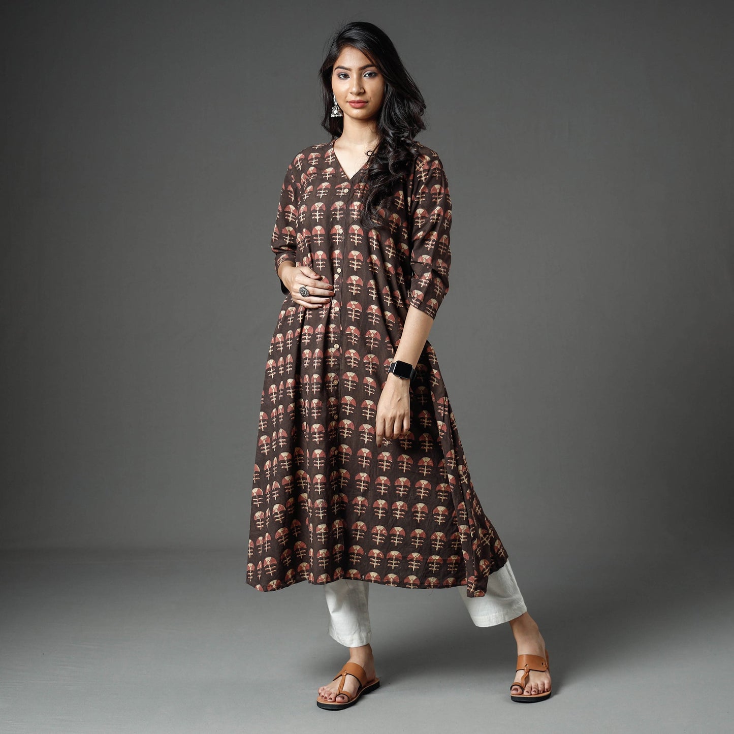  Akola Block Printed Cotton A-Line Long Kurta for Women