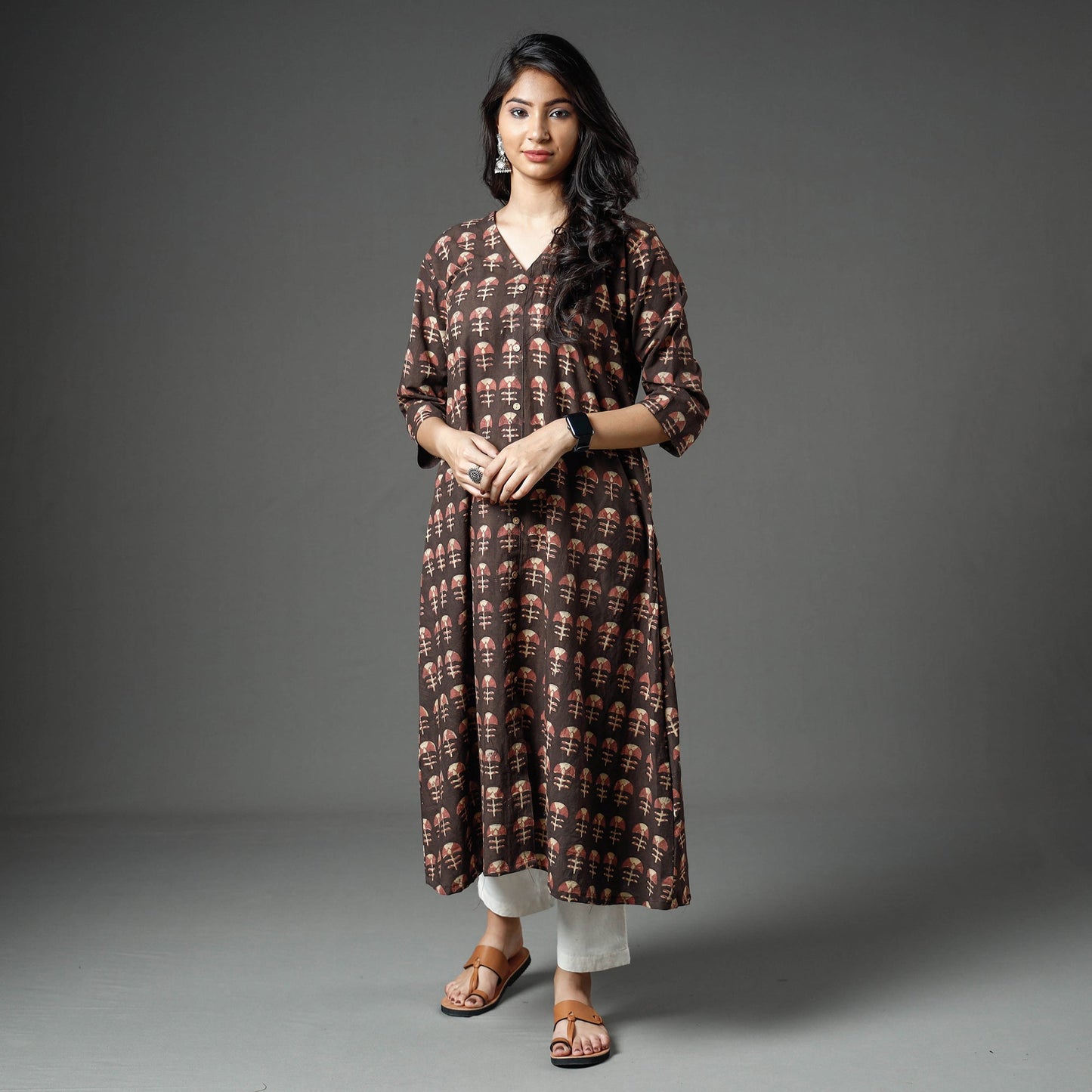  Akola Block Printed Cotton A-Line Long Kurta for Women