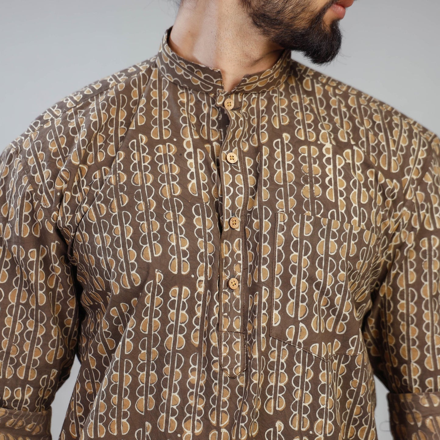  Brown Akola Block Print Cotton Men Short Kurta