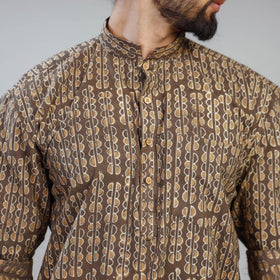  Brown Akola Block Print Cotton Men Short Kurta