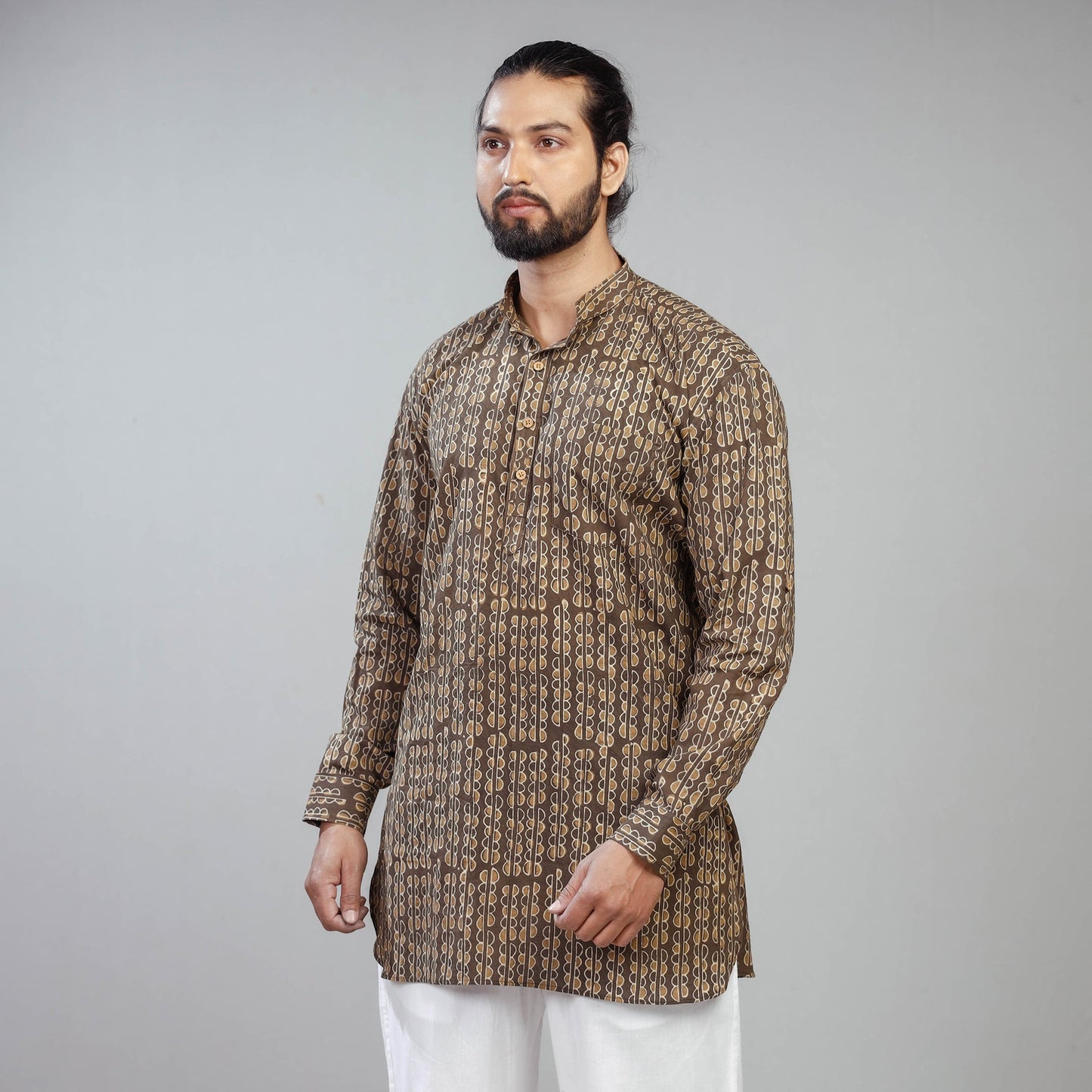  Brown Akola Block Print Cotton Men Short Kurta