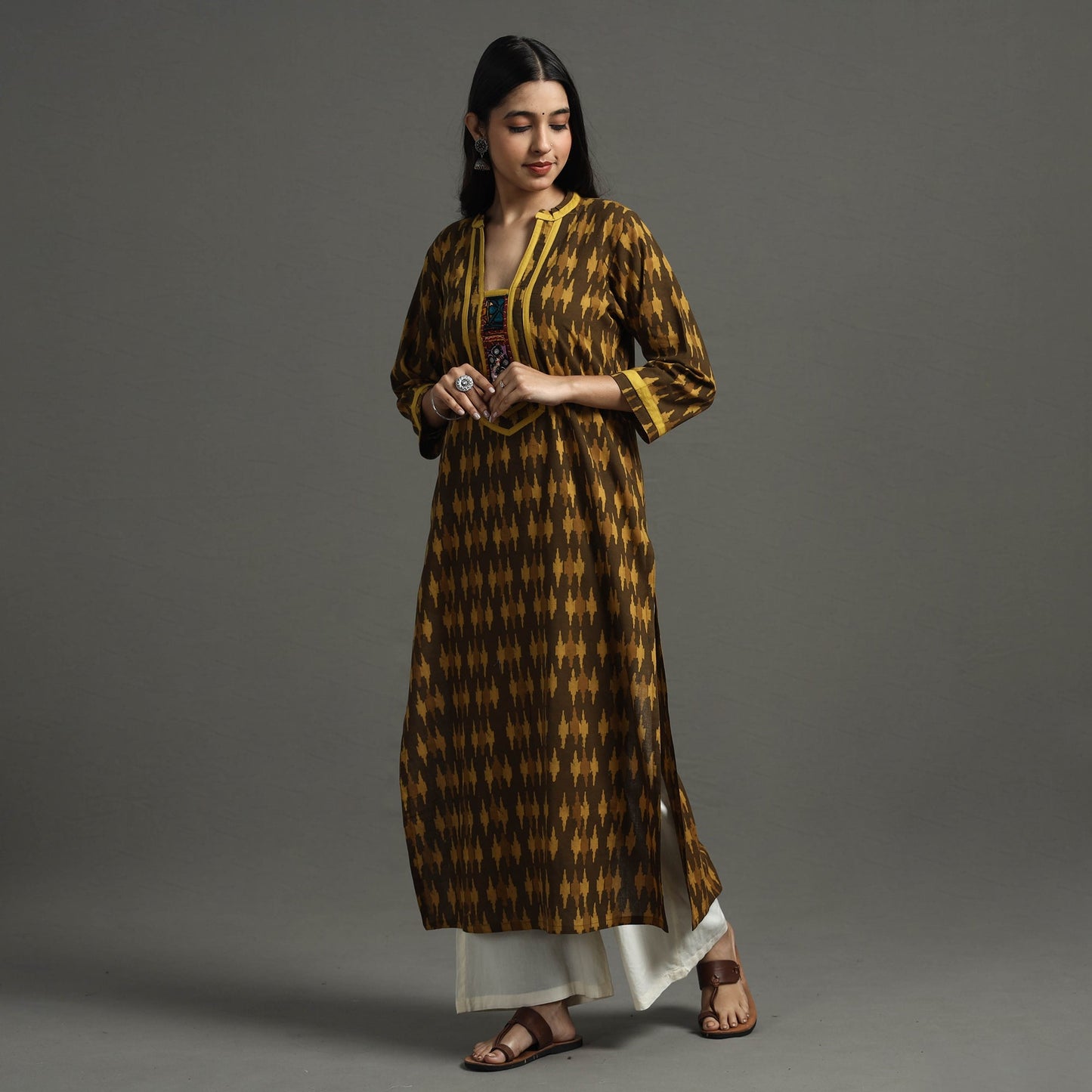 Brown - Akola Block Printed Cotton Straight Kurta