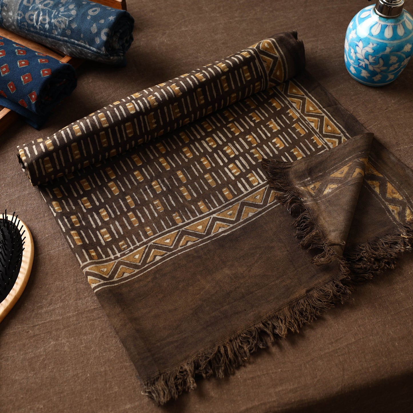 Brown Akola Block Printed Pure Handloom Cotton Towel 