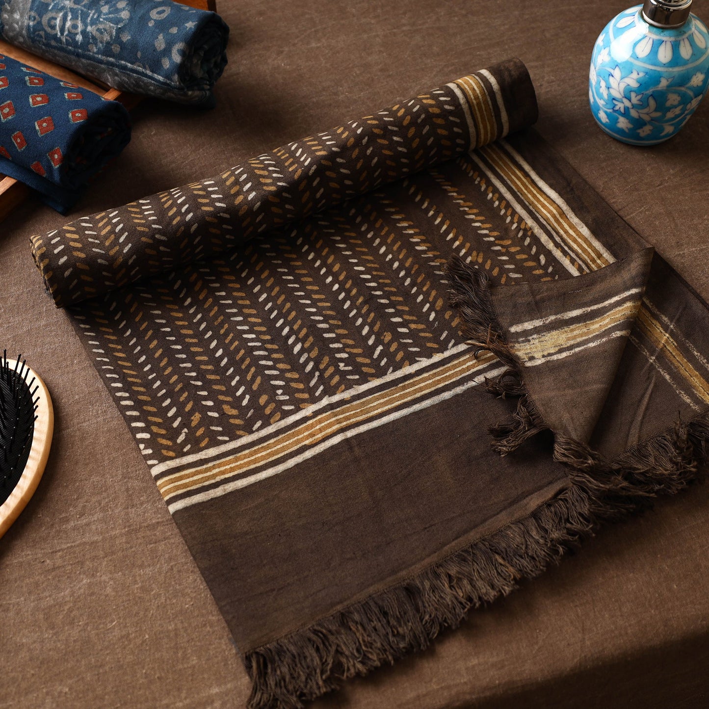 Brown Akola Block Printed Pure Handloom Cotton Towel 
