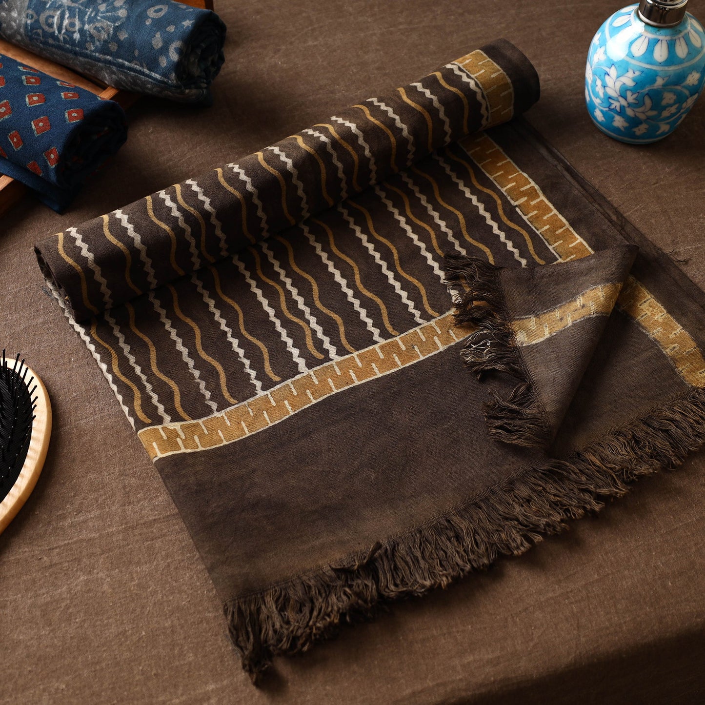 Brown Akola Block Printed Pure Handloom Cotton Towel 