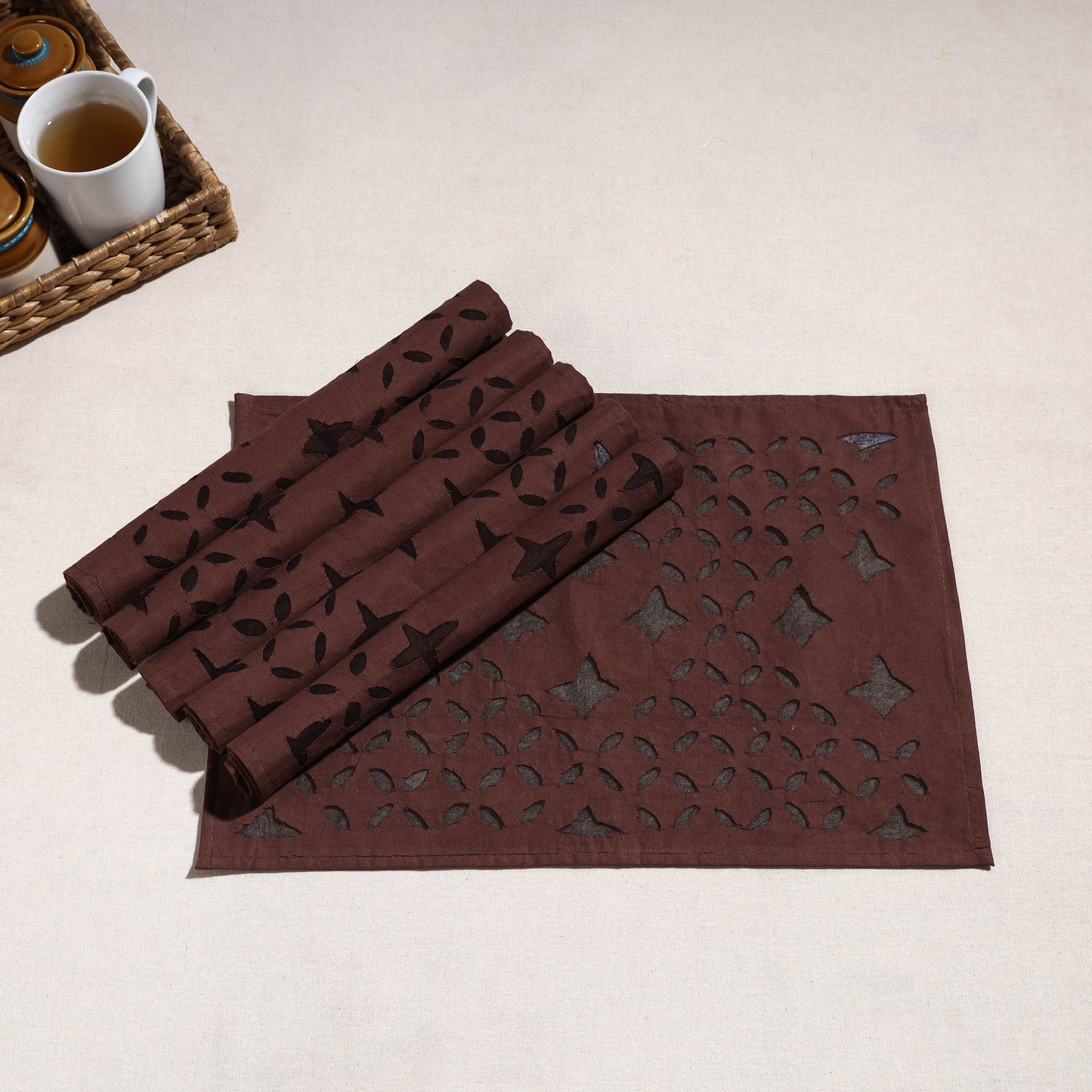  Brown Applique Cut Work Cotton Table Mats (set of 6)