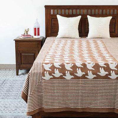 Brown - Bindaas Block Art Prints Natural Dyed Single Bedcover in Pure Cotton (93 x 60 in)