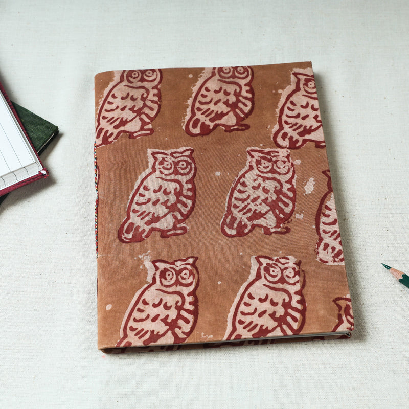 Brown - Art Block Print Fabric Cover Handmade Paper Notebook (9 x 7 in)