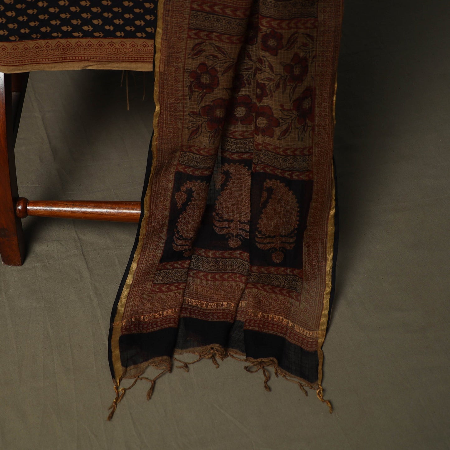 Bagh hand block print natural dyed kota doria cotton 3pc