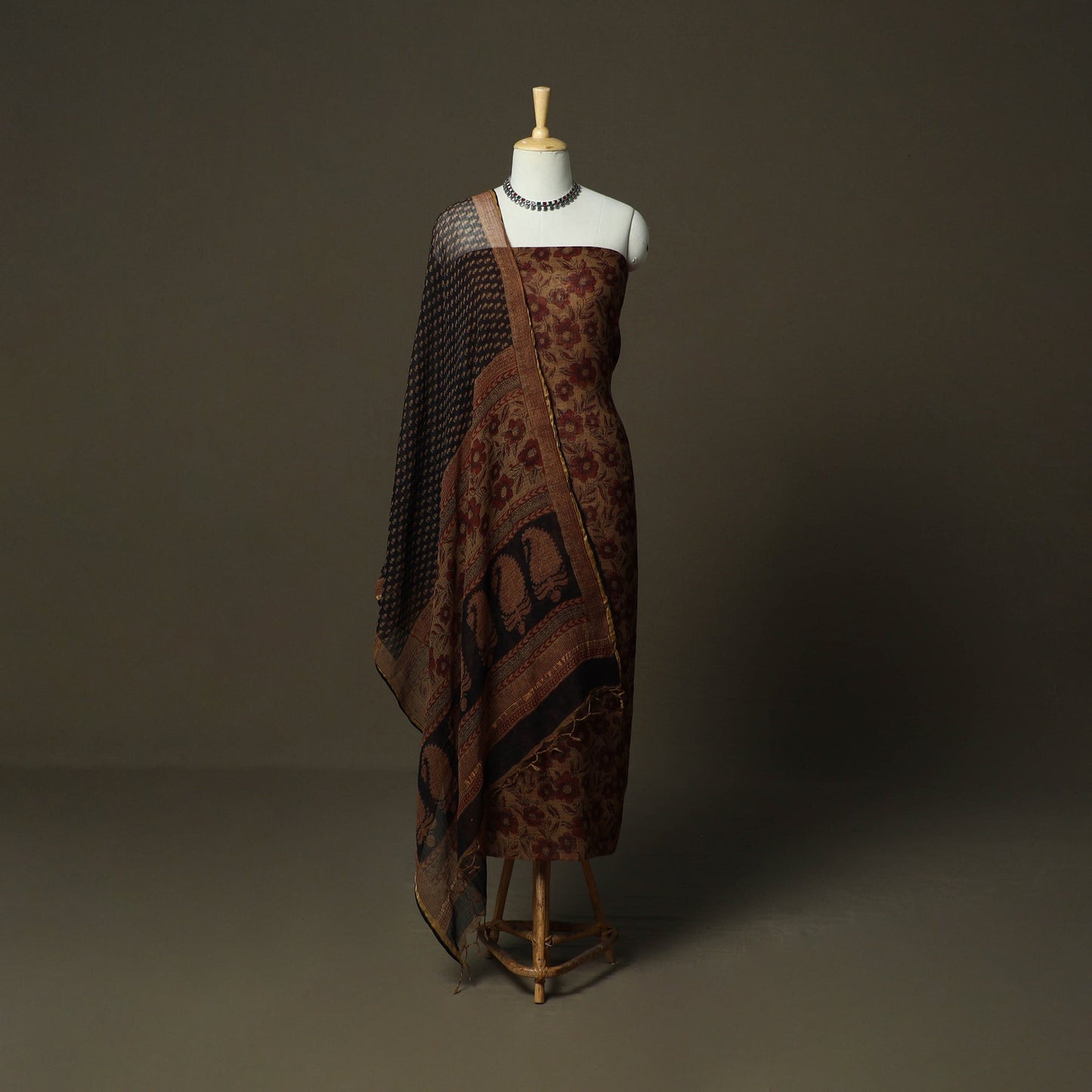 Bagh hand block print natural dyed kota doria cotton 3pc