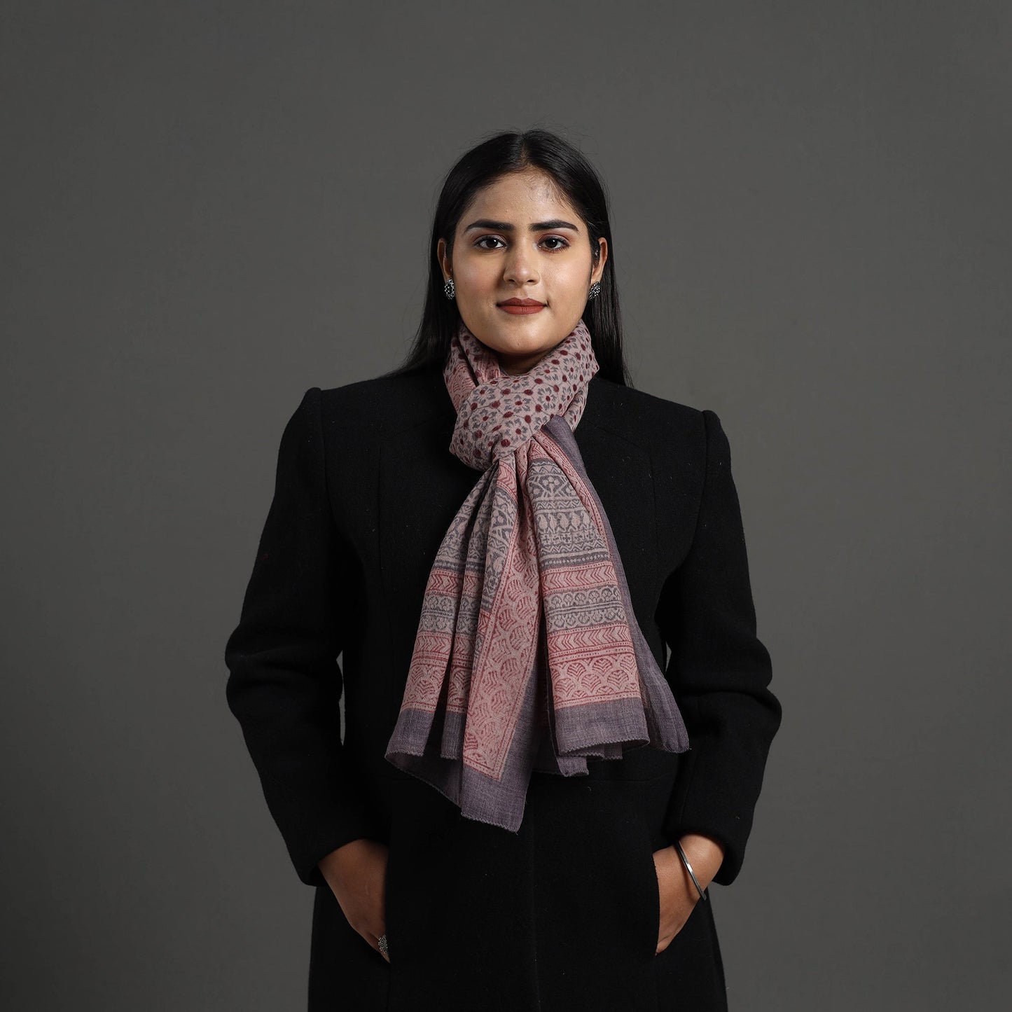 Brown - bagh hand printed merino woollen stole 36