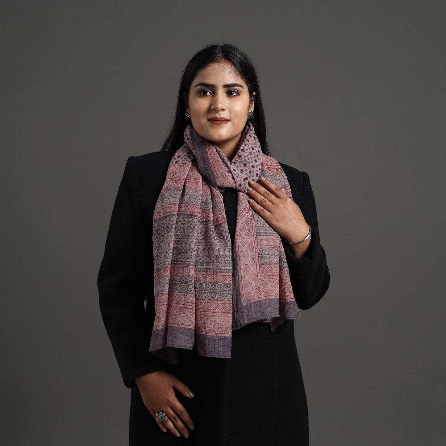 Brown - bagh hand printed merino woollen stole 36