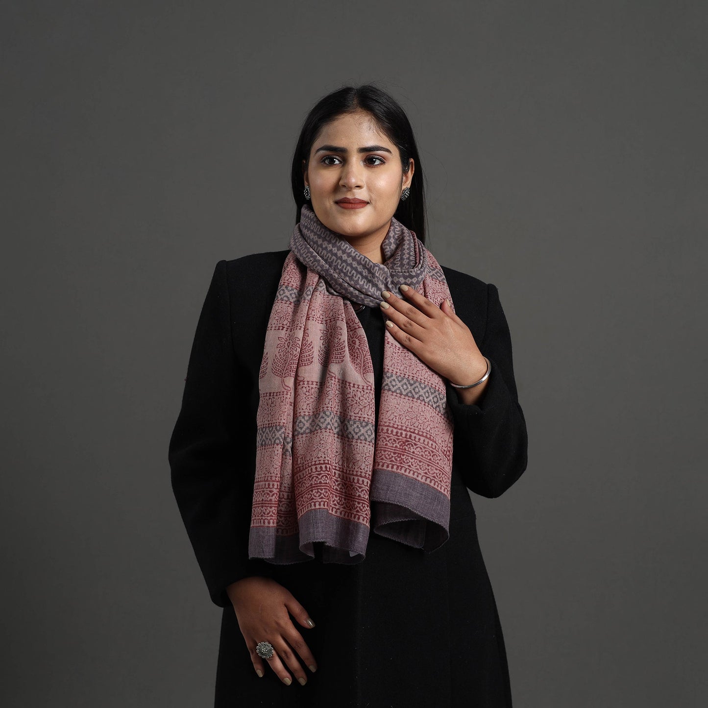 Brown - bagh hand printed merino woollen stole 38