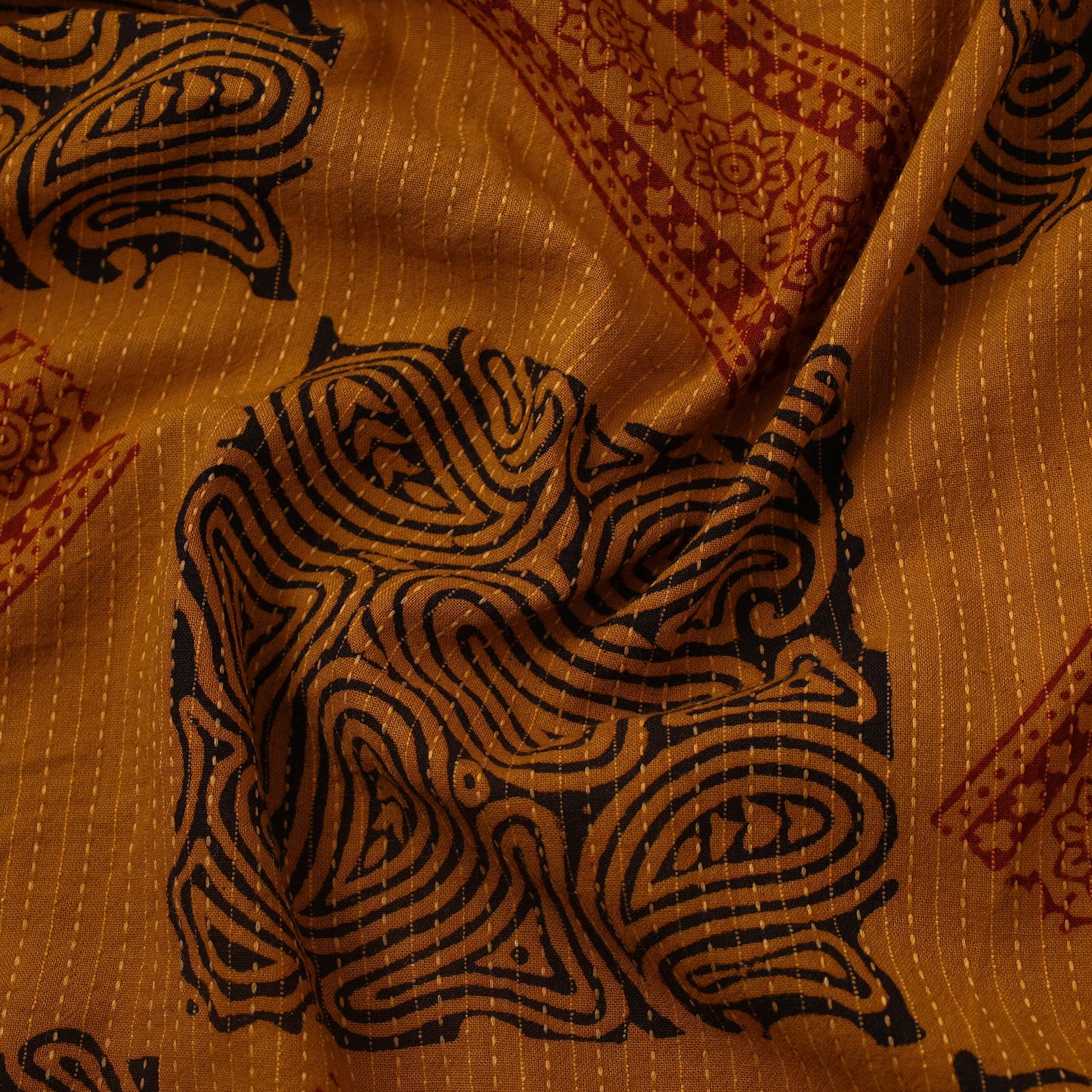 Brown Bagh Block Print Kantha Work Natural Dyed Cotton Fabric