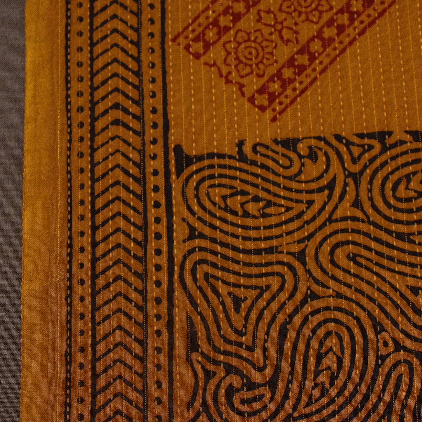 Brown Bagh Block Print Kantha Work Natural Dyed Cotton Fabric