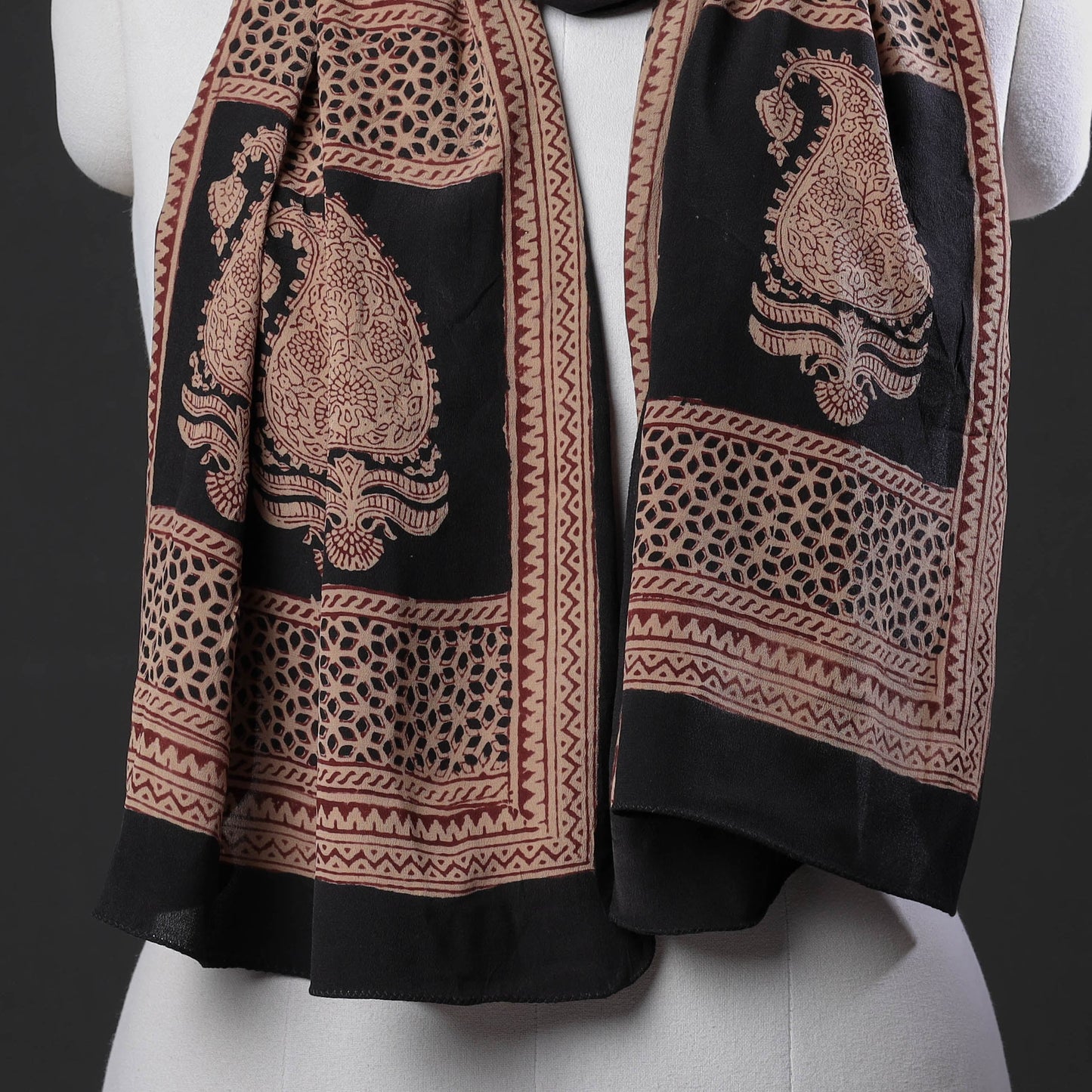 Brown - Bagh Block Printing Natural Dyed Crepe Silk Stole