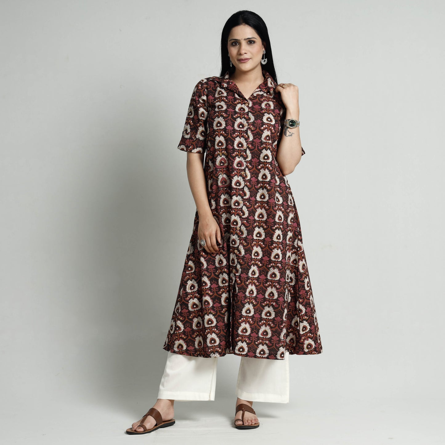 Brown - Bagru Block Printed Cotton Kurta with Palazzo Set