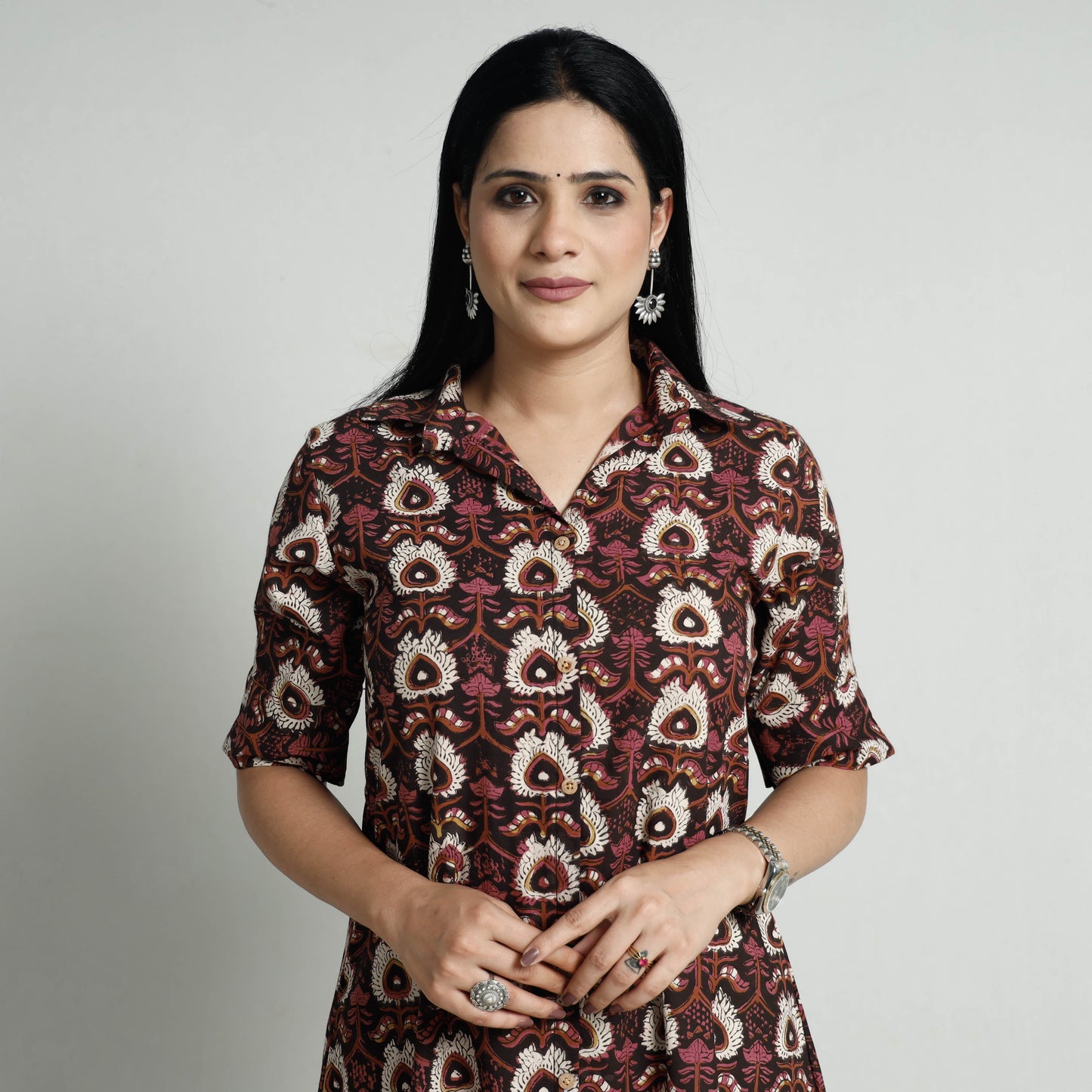 Brown - Bagru Block Printed Cotton Kurta with Palazzo Set
