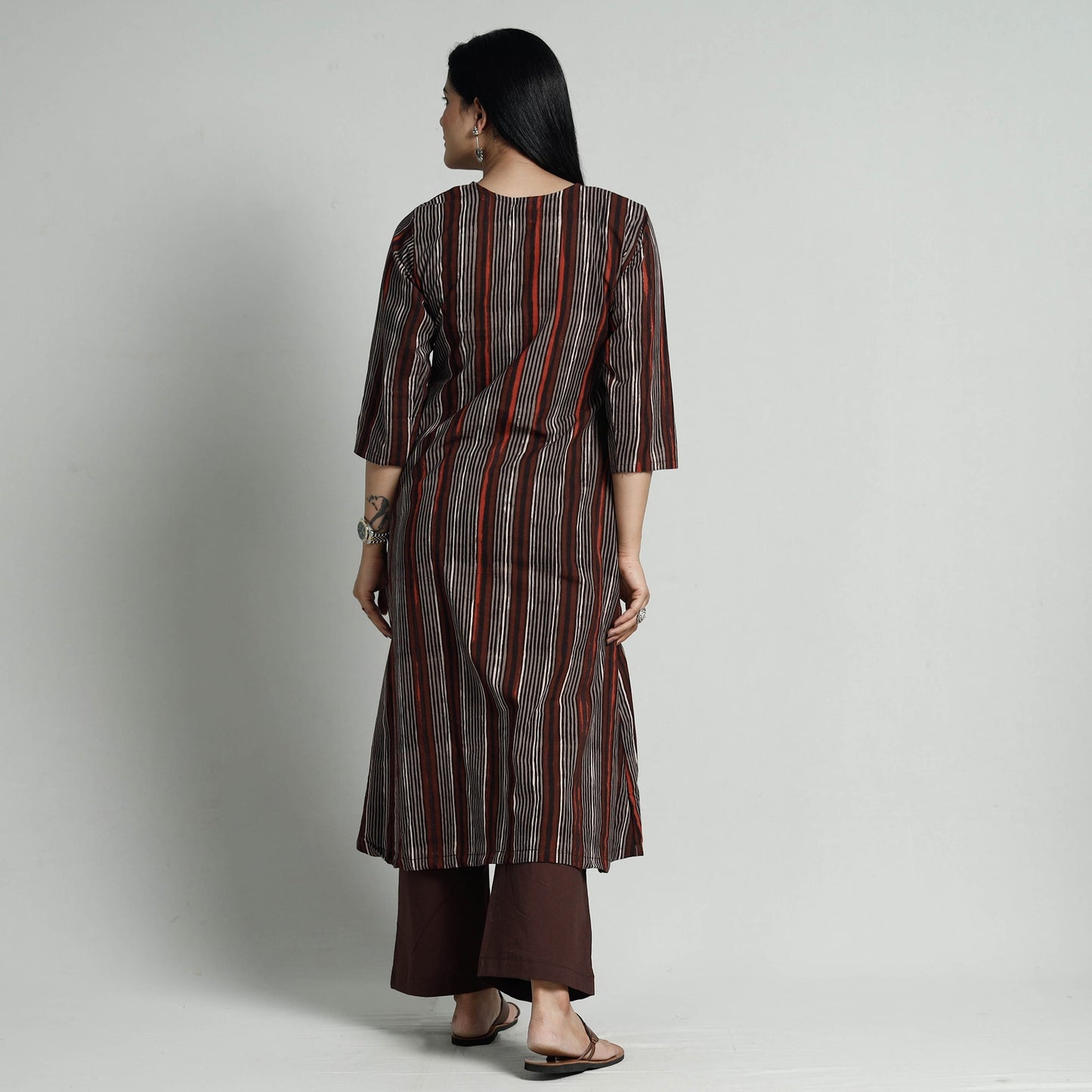 Brown - Bagru Block Printed Cotton Kurta with Palazzo Set