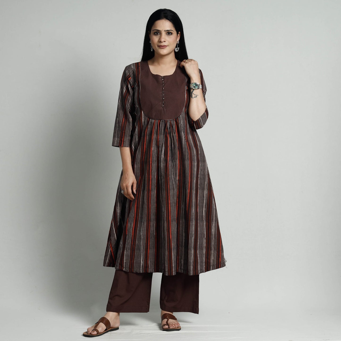 Brown - Bagru Block Printed Cotton Kurta with Palazzo Set