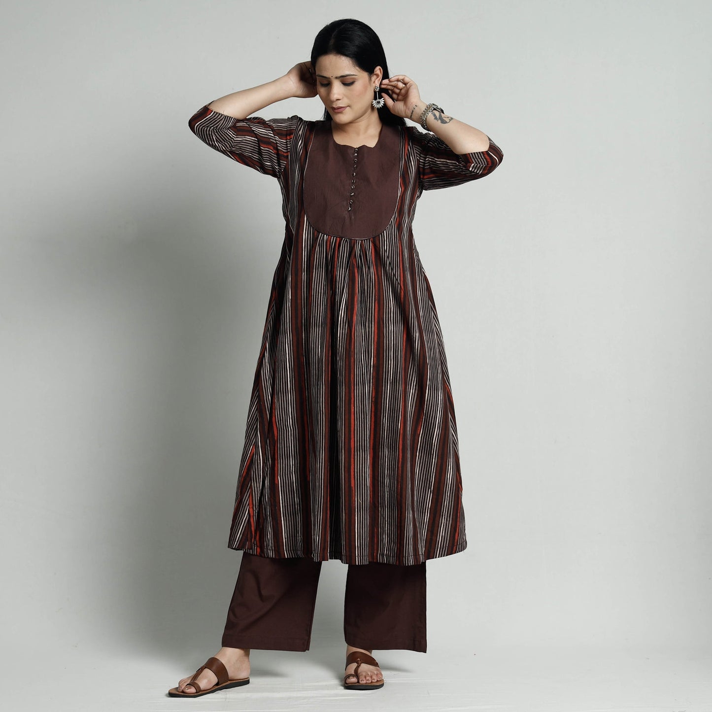 Brown - Bagru Block Printed Cotton Kurta with Palazzo Set