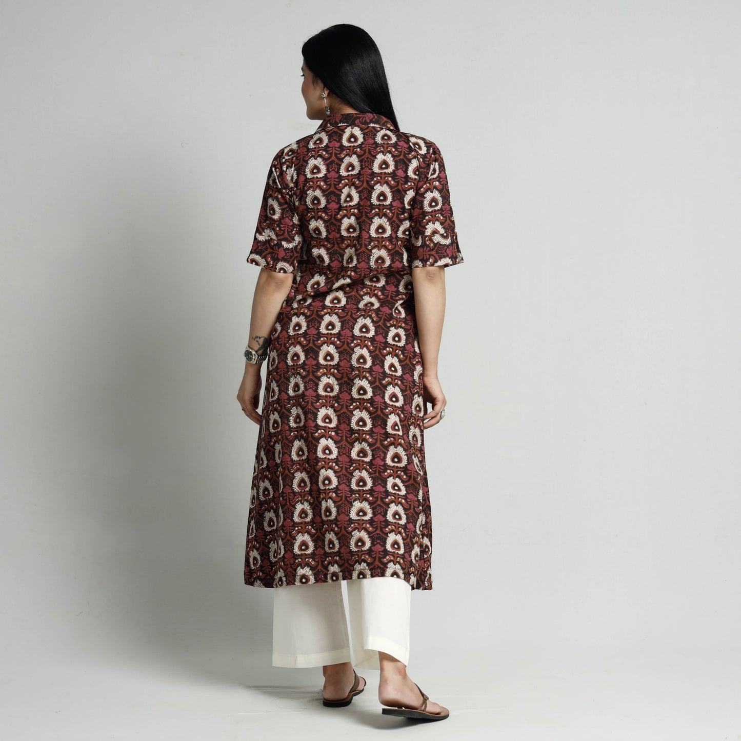Brown - Bagru Block Printed Cotton Kurta with Palazzo Set