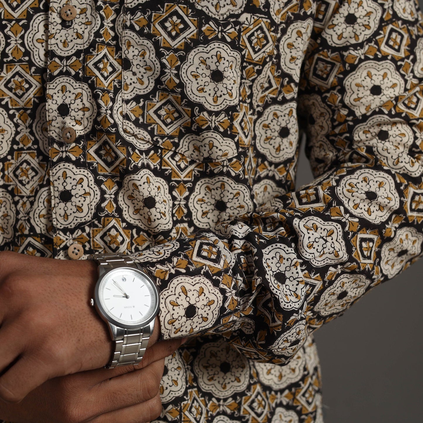  Brown Bagru Block Printed Cotton Men Full Sleeve Shirt