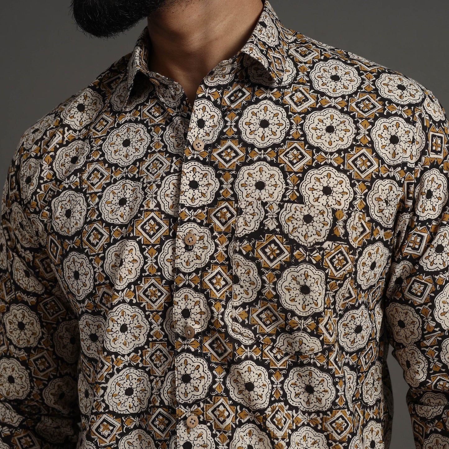  Brown Bagru Block Printed Cotton Men Full Sleeve Shirt