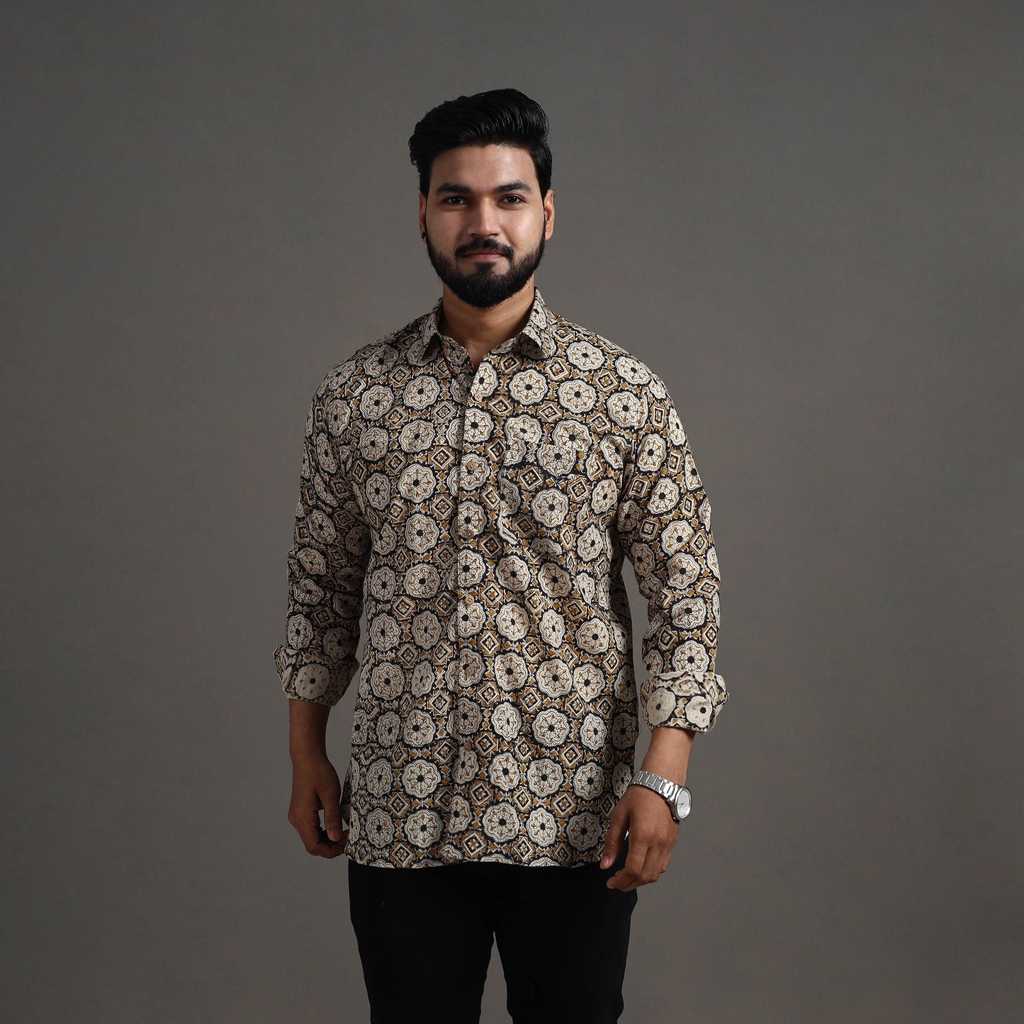  Brown Bagru Block Printed Cotton Men Full Sleeve Shirt