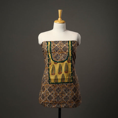 Brown Bagru Print Cotton Kurta Material with Patchwork (3m) 