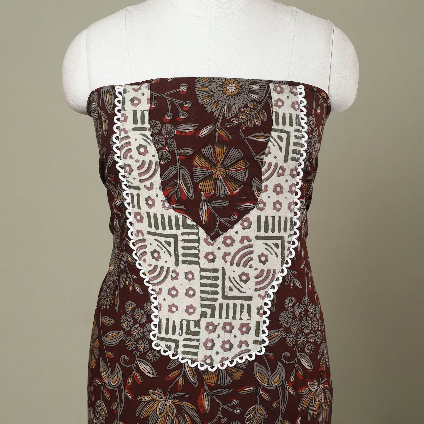Brown - bagru patchwork cotton unstitched kurta material