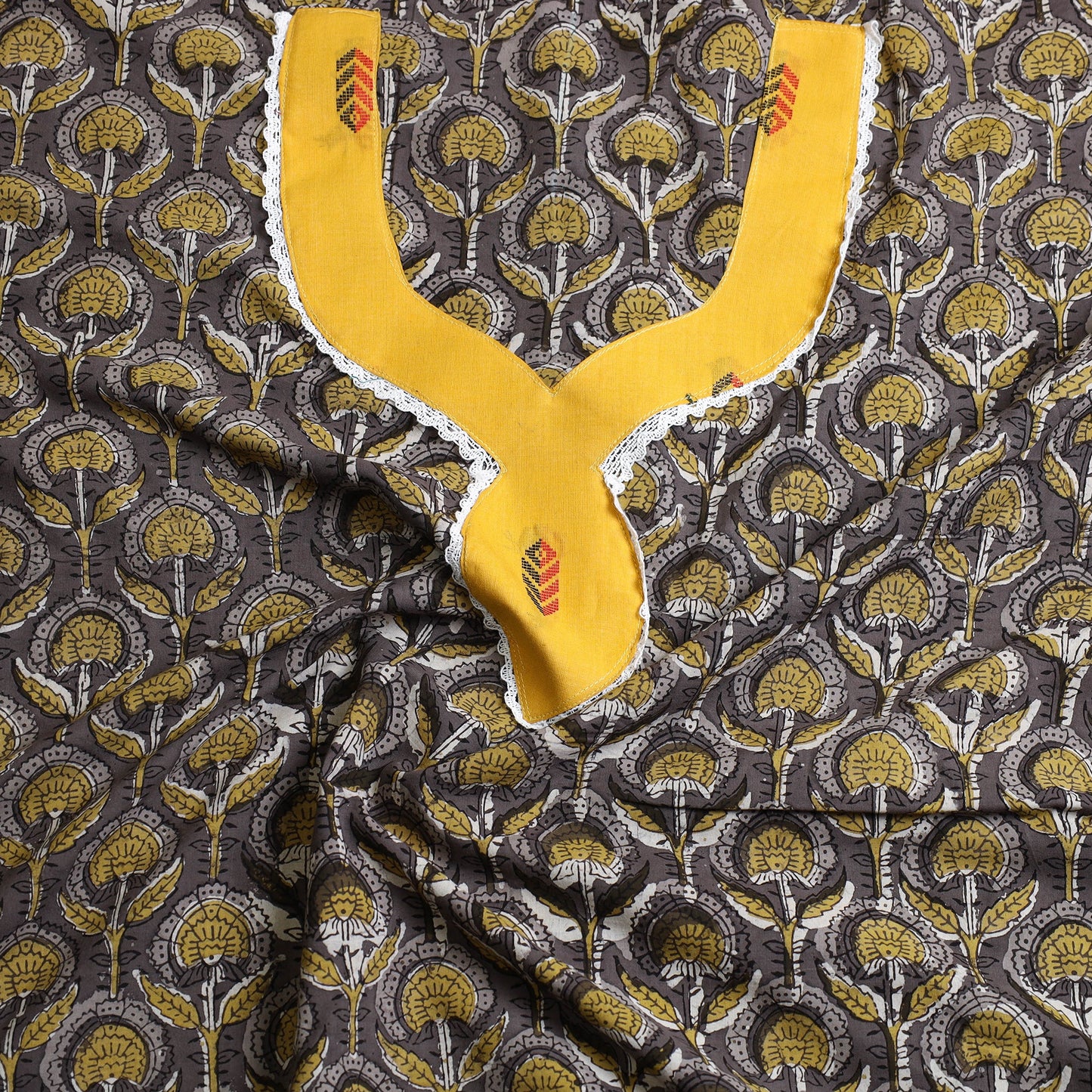 Buy Brown Bagru Print Patchwork Cotton Kurta Material