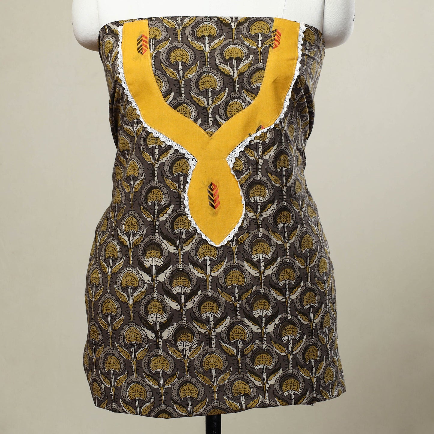 Buy Brown Bagru Print Patchwork Cotton Kurta Material