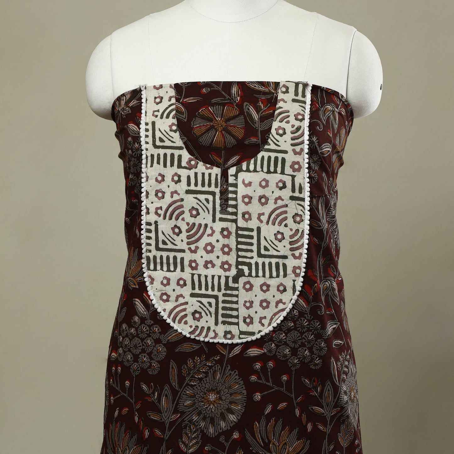 Buy Brown Bagru Print Patchwork Cotton Kurta Material