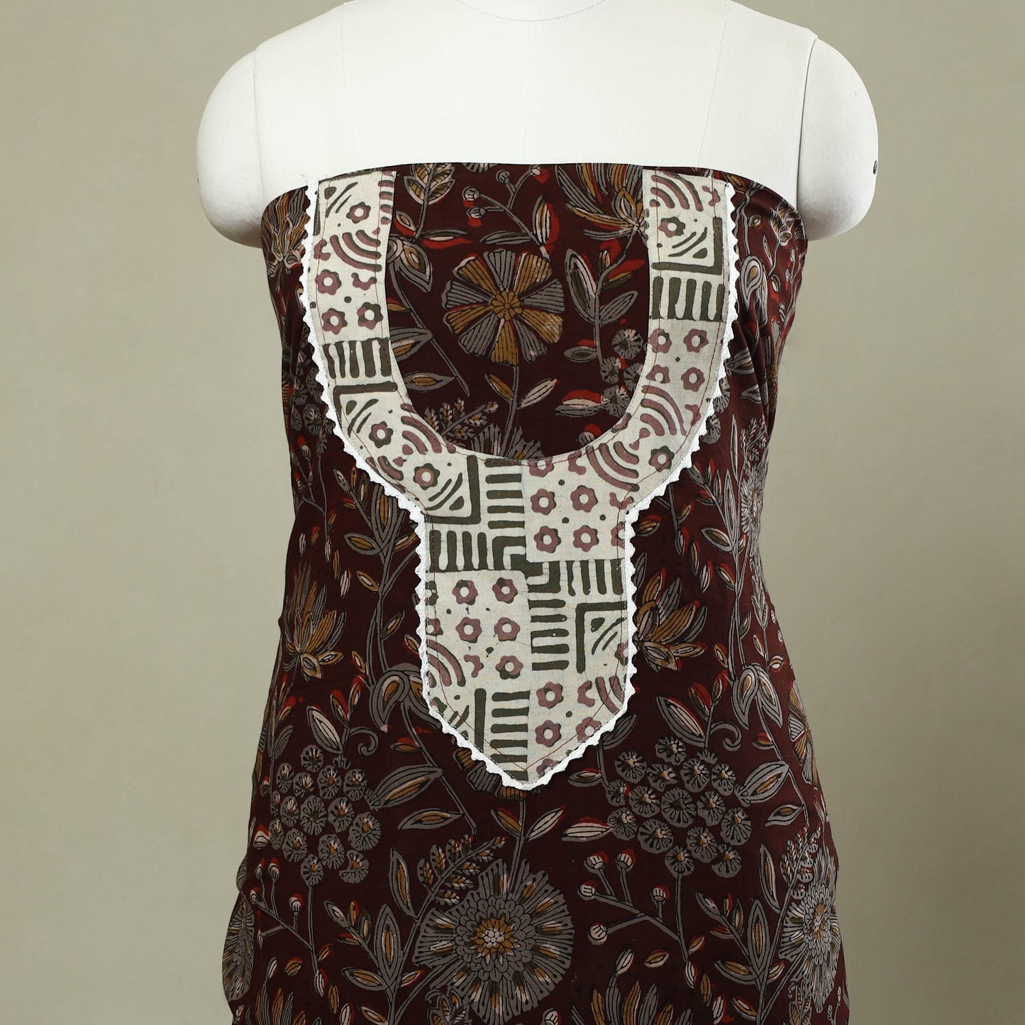 Buy Brown Bagru Print Patchwork Cotton Kurta Material