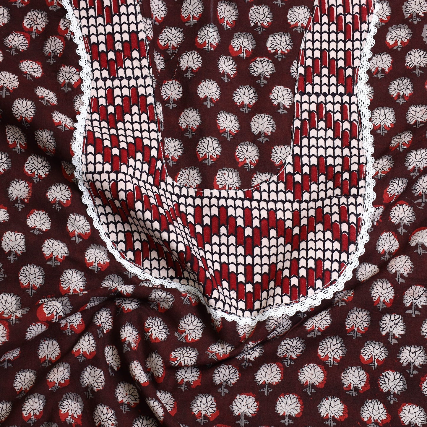 Buy Brown Bagru Print Patchwork Cotton Kurta Material