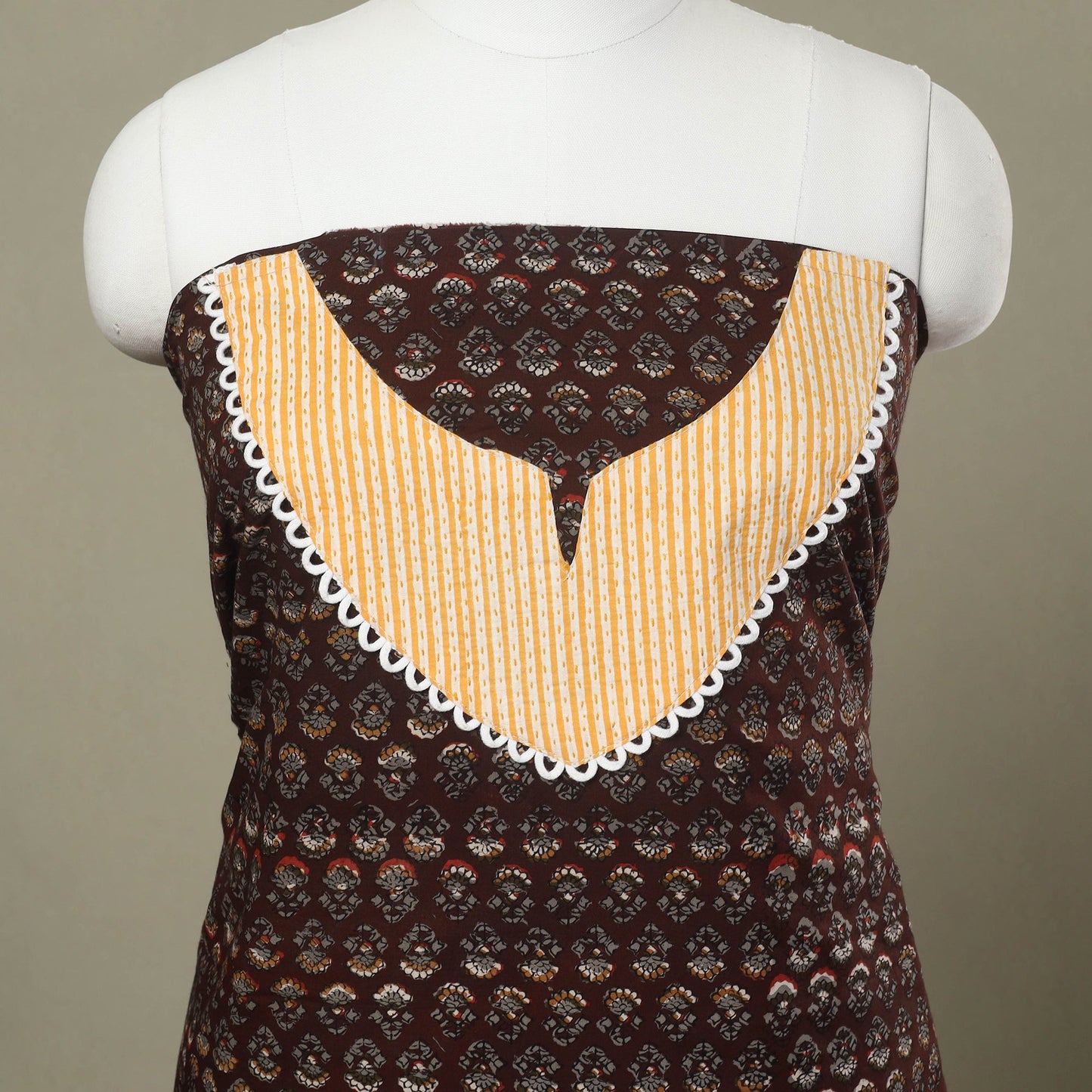 Buy Brown Bagru Print Patchwork Cotton Kurta Material