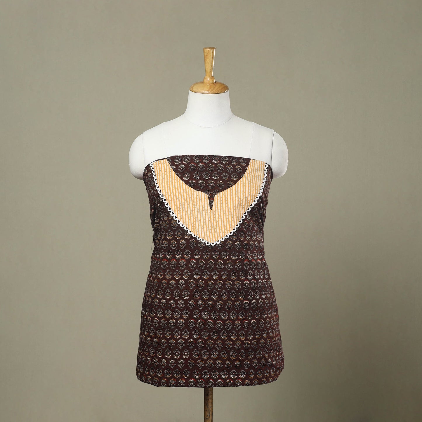 Buy Brown Bagru Print Patchwork Cotton Kurta Material