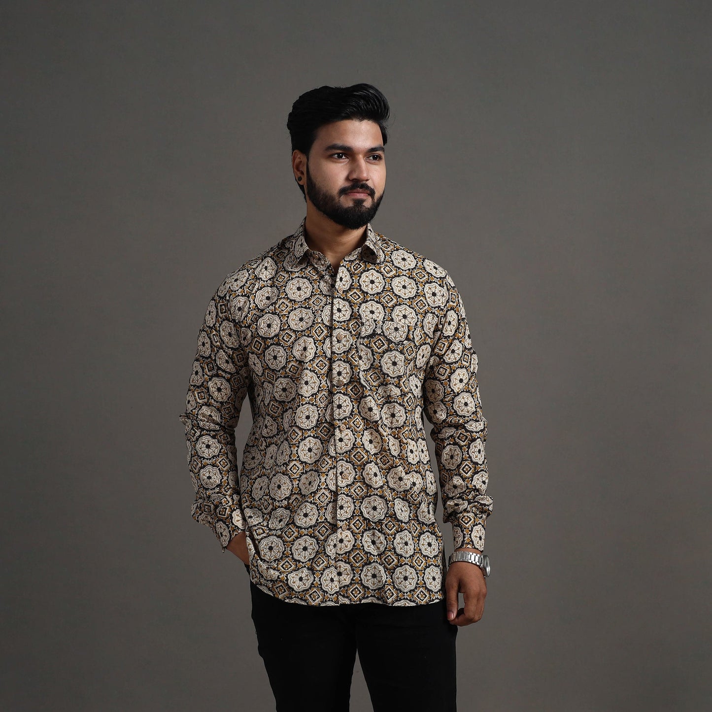  Brown Bagru Block Printed Cotton Men Full Sleeve Shirt