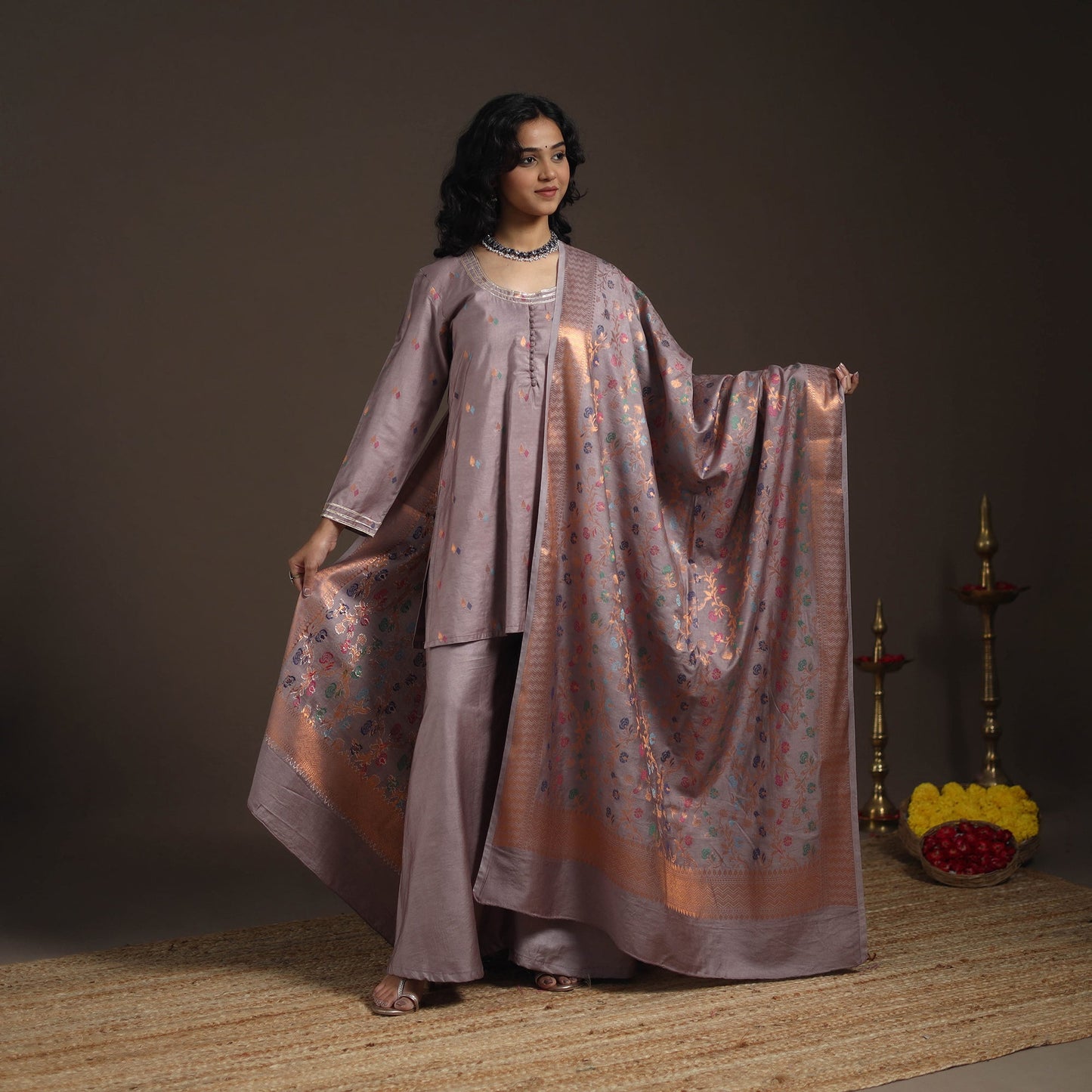Brown - banarasi with gota work meena weaving silk cotton