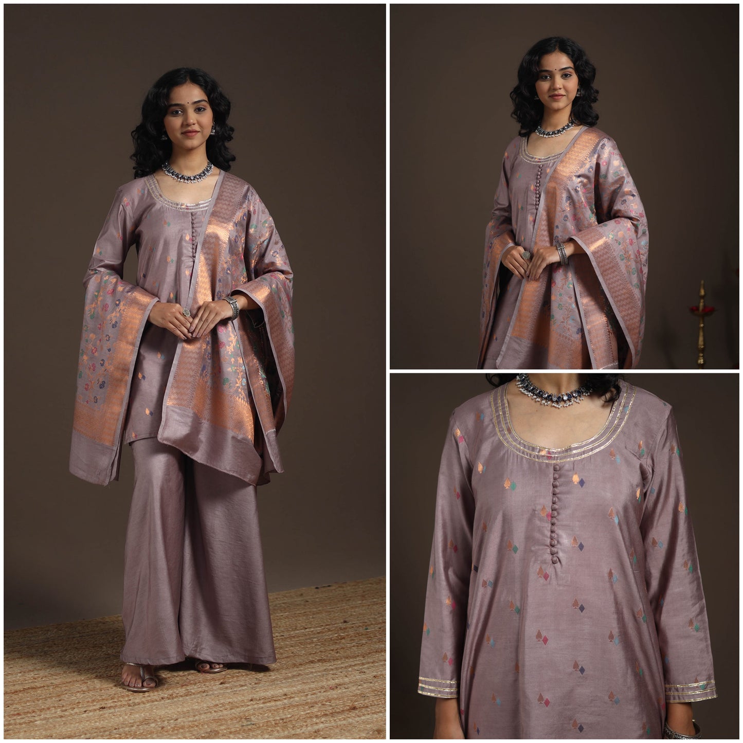 Brown - banarasi with gota work meena weaving silk cotton