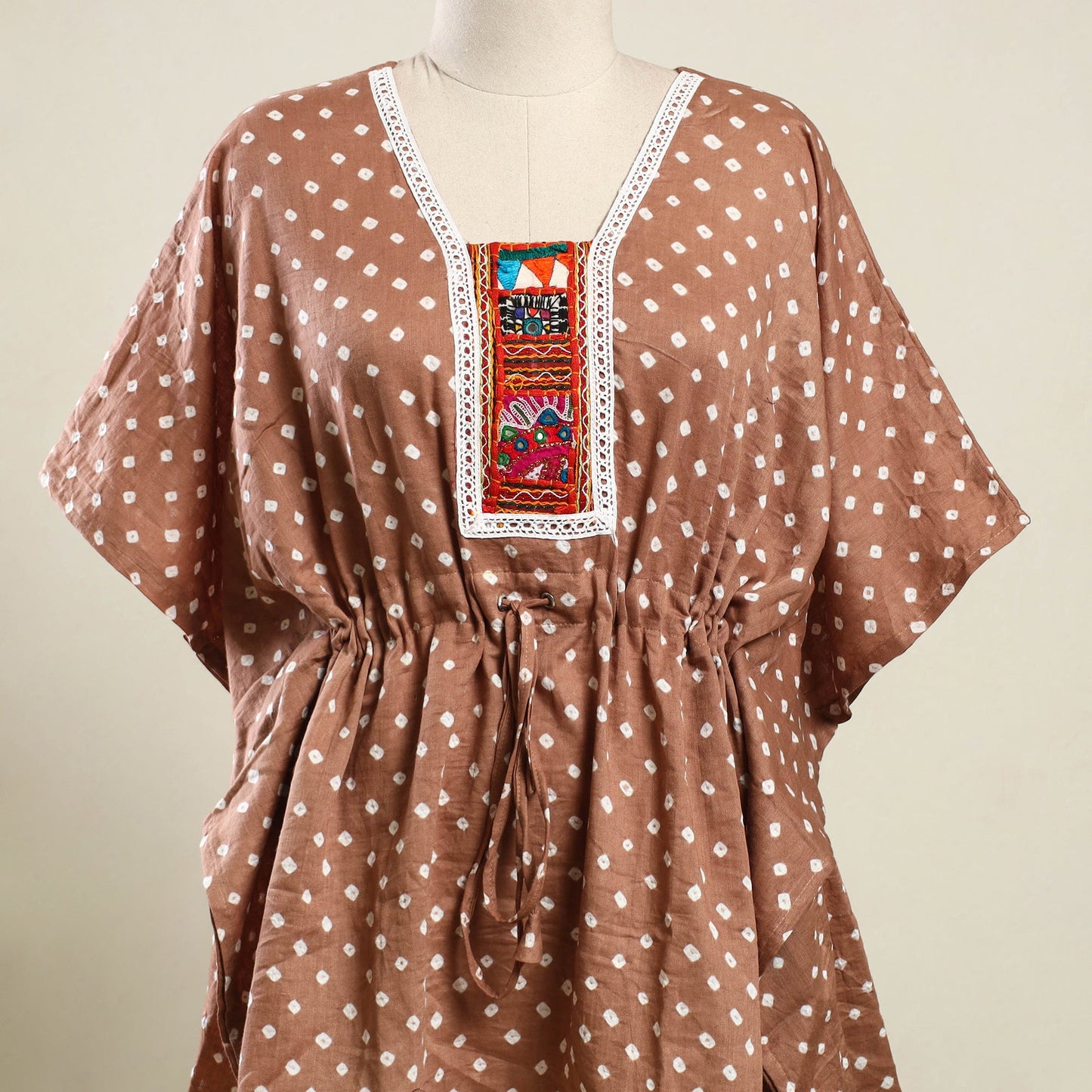 Buy Brown Bandhani Cotton Kaftan with Desert Embroidery