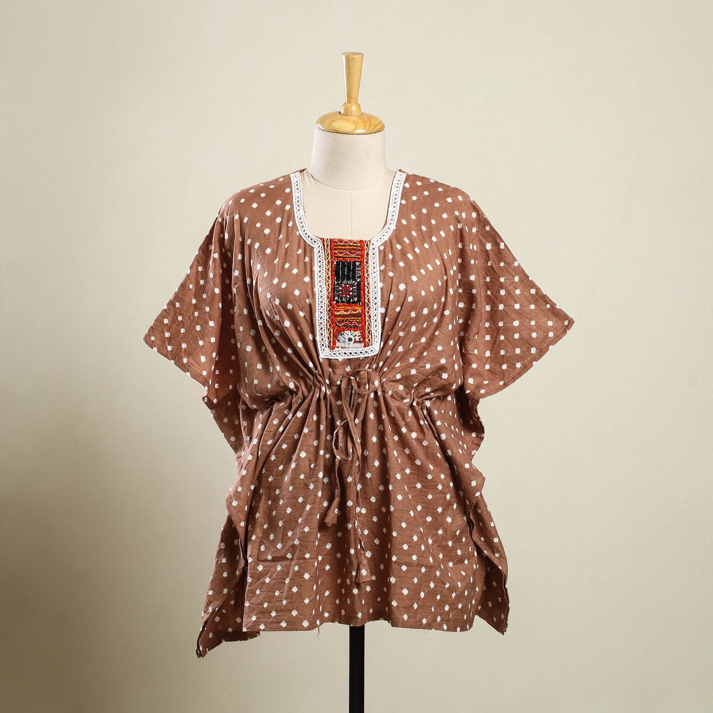 Buy Brown Bandhani Cotton Kaftan with Desert Embroidery