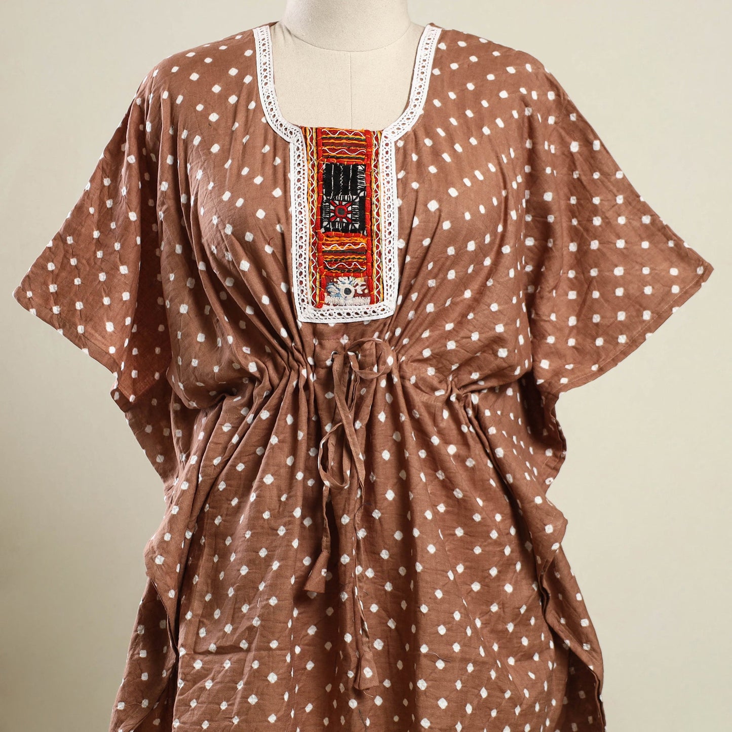 Buy Brown Bandhani Cotton Kaftan with Desert Embroidery