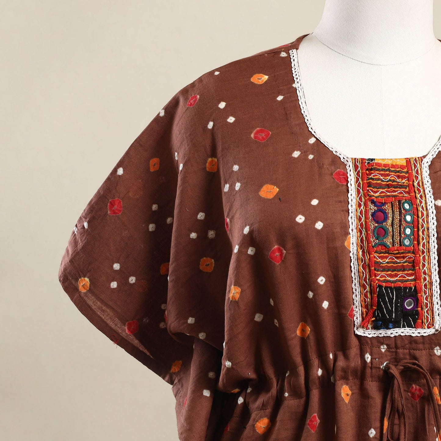 Buy Brown Bandhani Cotton Kaftan with Desert Embroidery