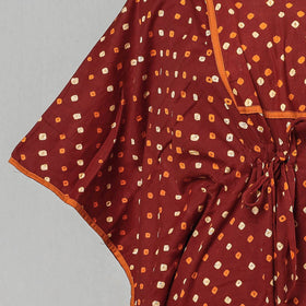 Brown - Bandhani Tie-Dye Cotton Kaftan with Tie-Up Waist (Short)