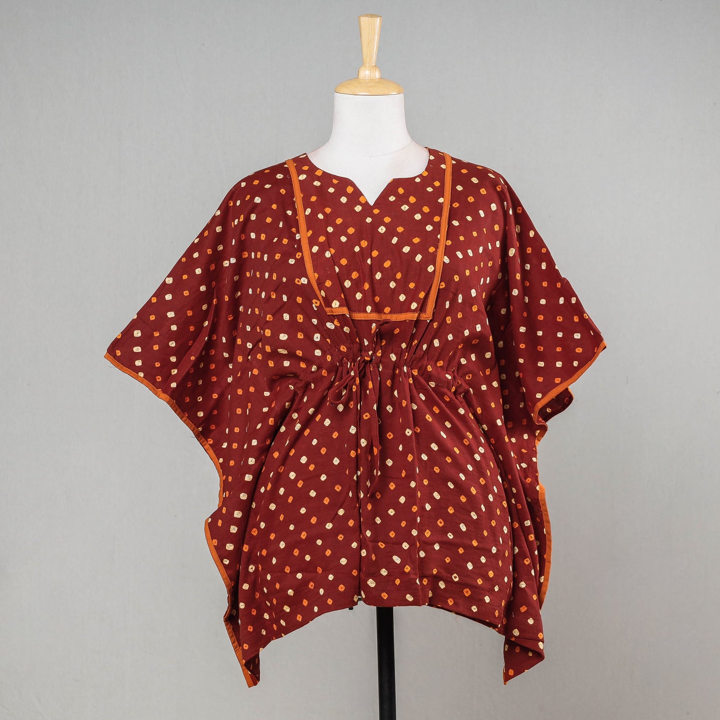 Brown - Bandhani Tie-Dye Cotton Kaftan with Tie-Up Waist (Short)