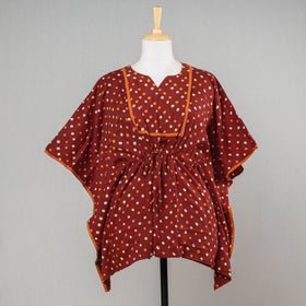 Brown - Bandhani Tie-Dye Cotton Kaftan with Tie-Up Waist (Short)