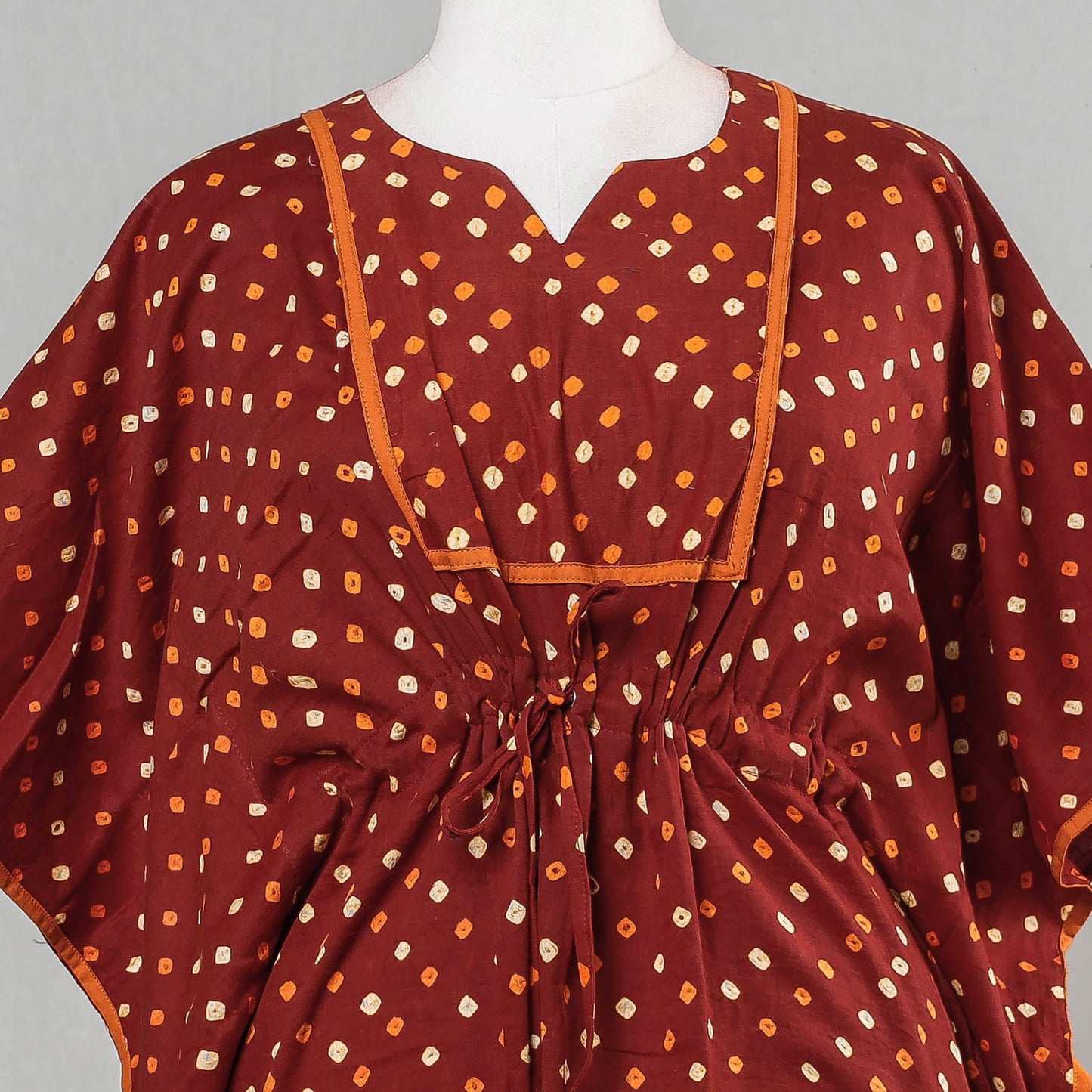 Brown - Bandhani Tie-Dye Cotton Kaftan with Tie-Up Waist (Short)